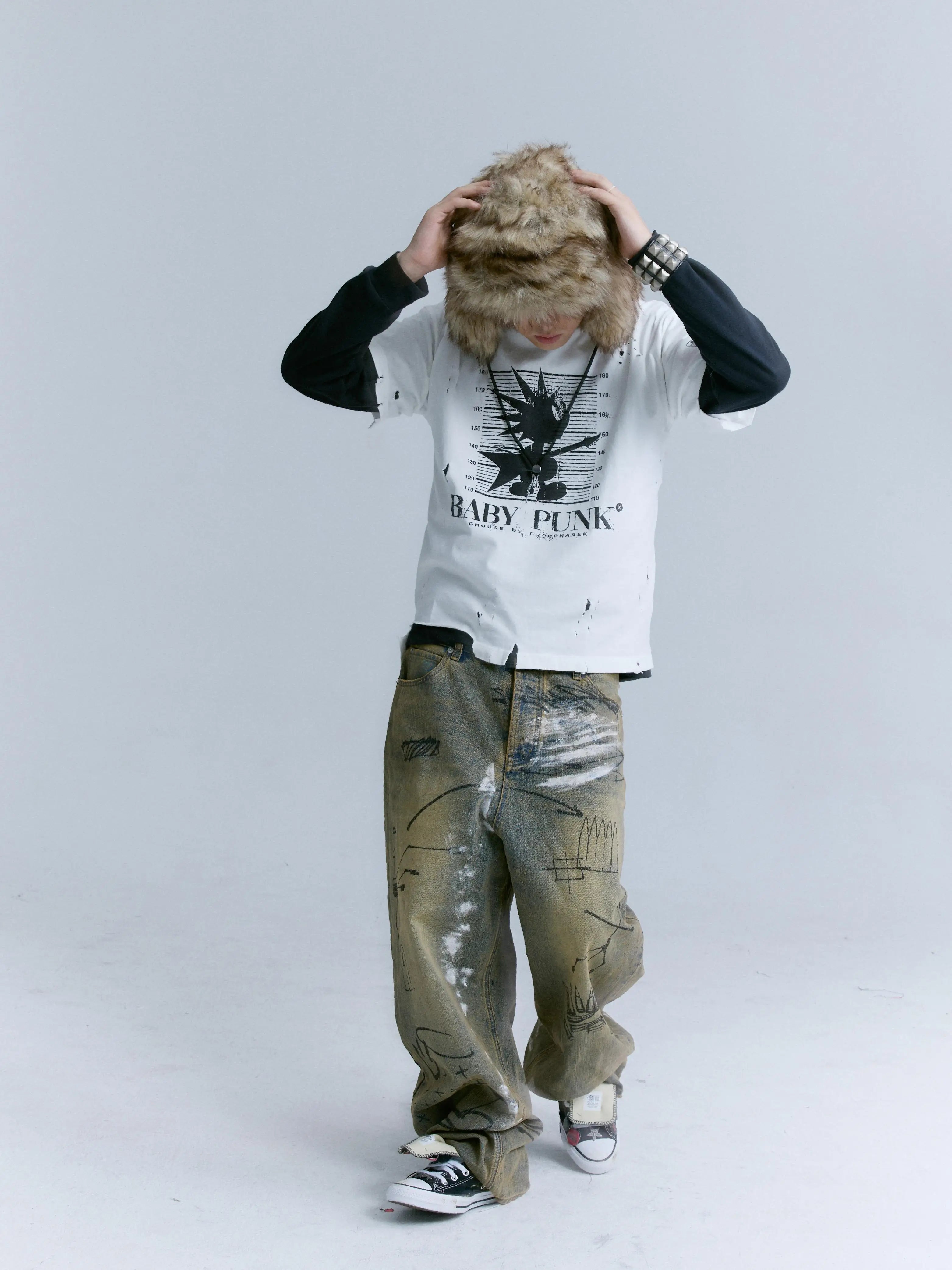 Washed Blue Mud-Dyed Graffiti Baggy Jeans