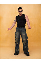 Men's Dark Distressed Slit Wide Jeans