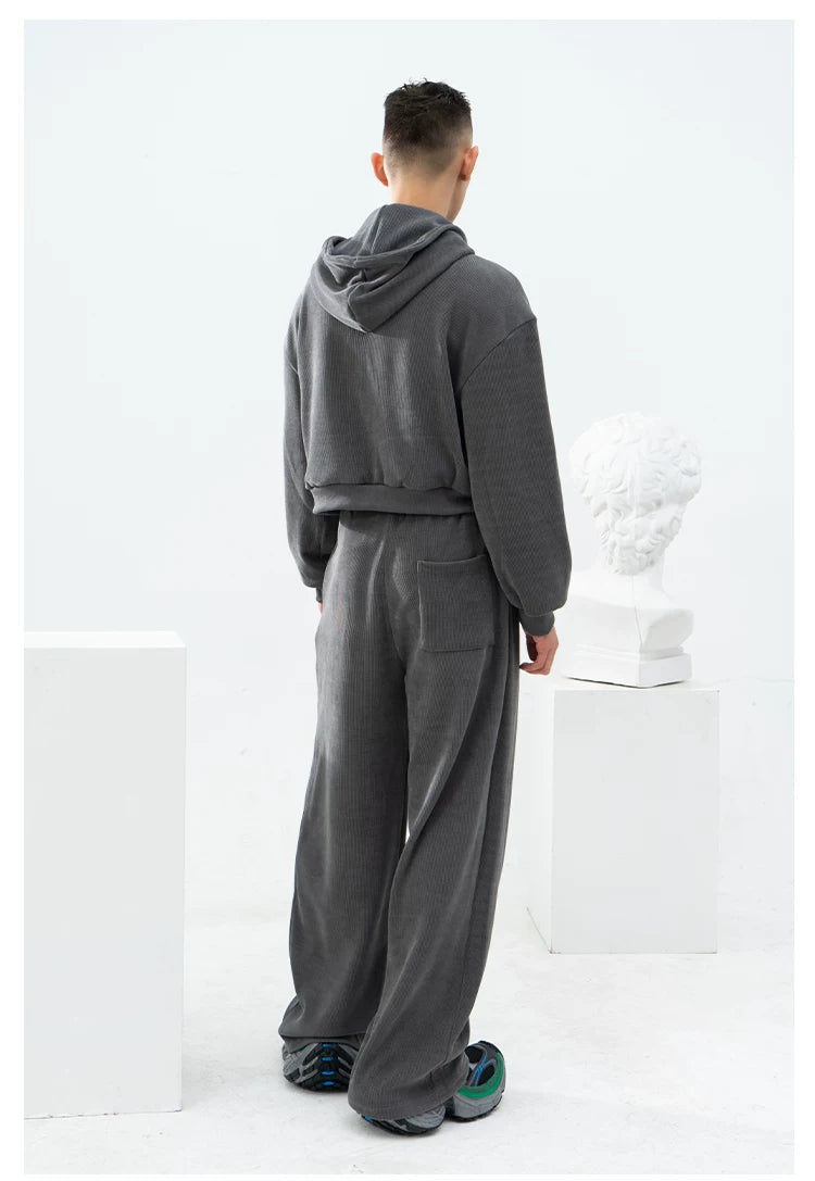 Gray Khaki Corduroy Embroidered Striped Zip-Hoodie