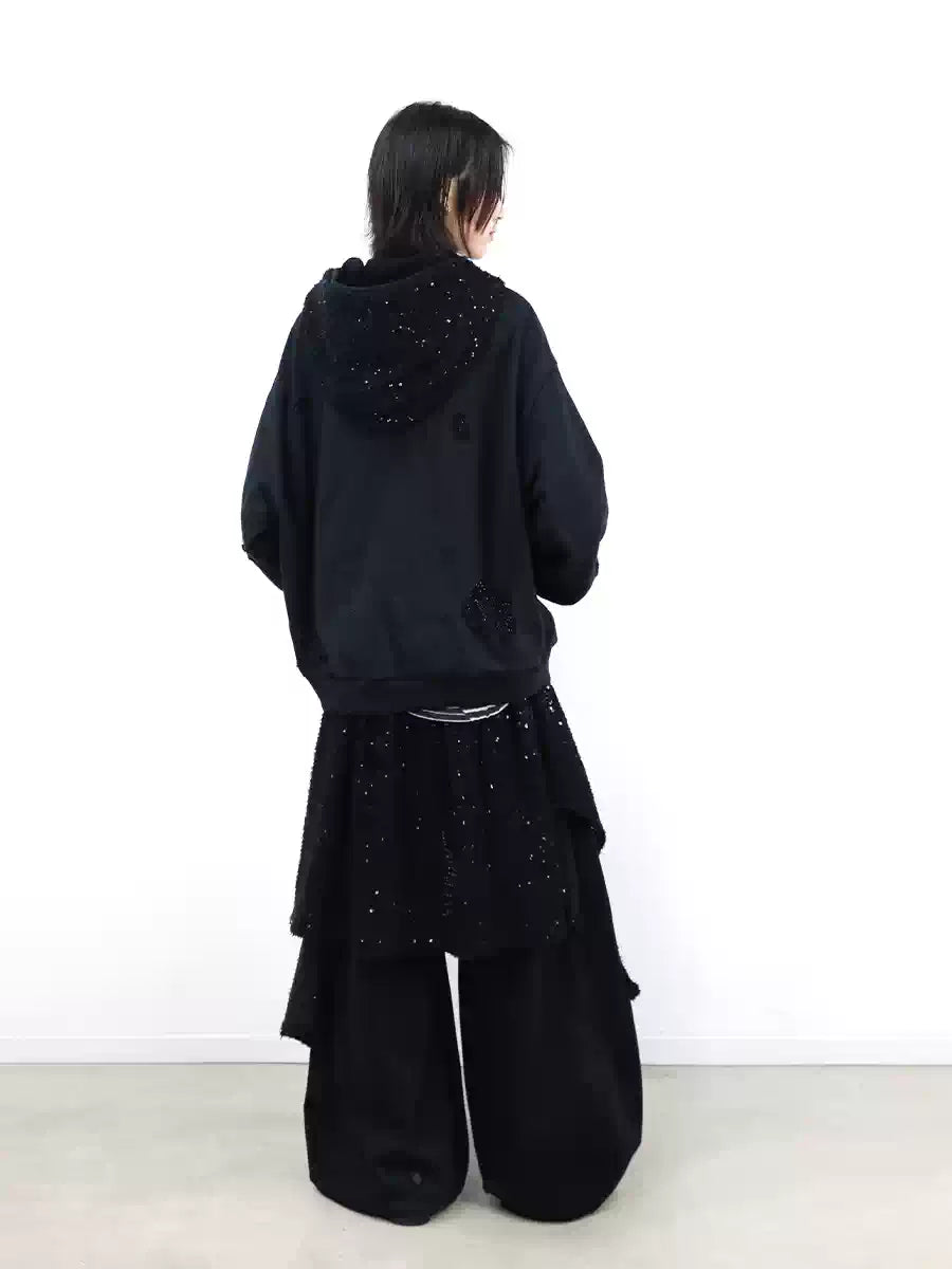 Detachable Dual Hood Rhinestone Zip Hoodie