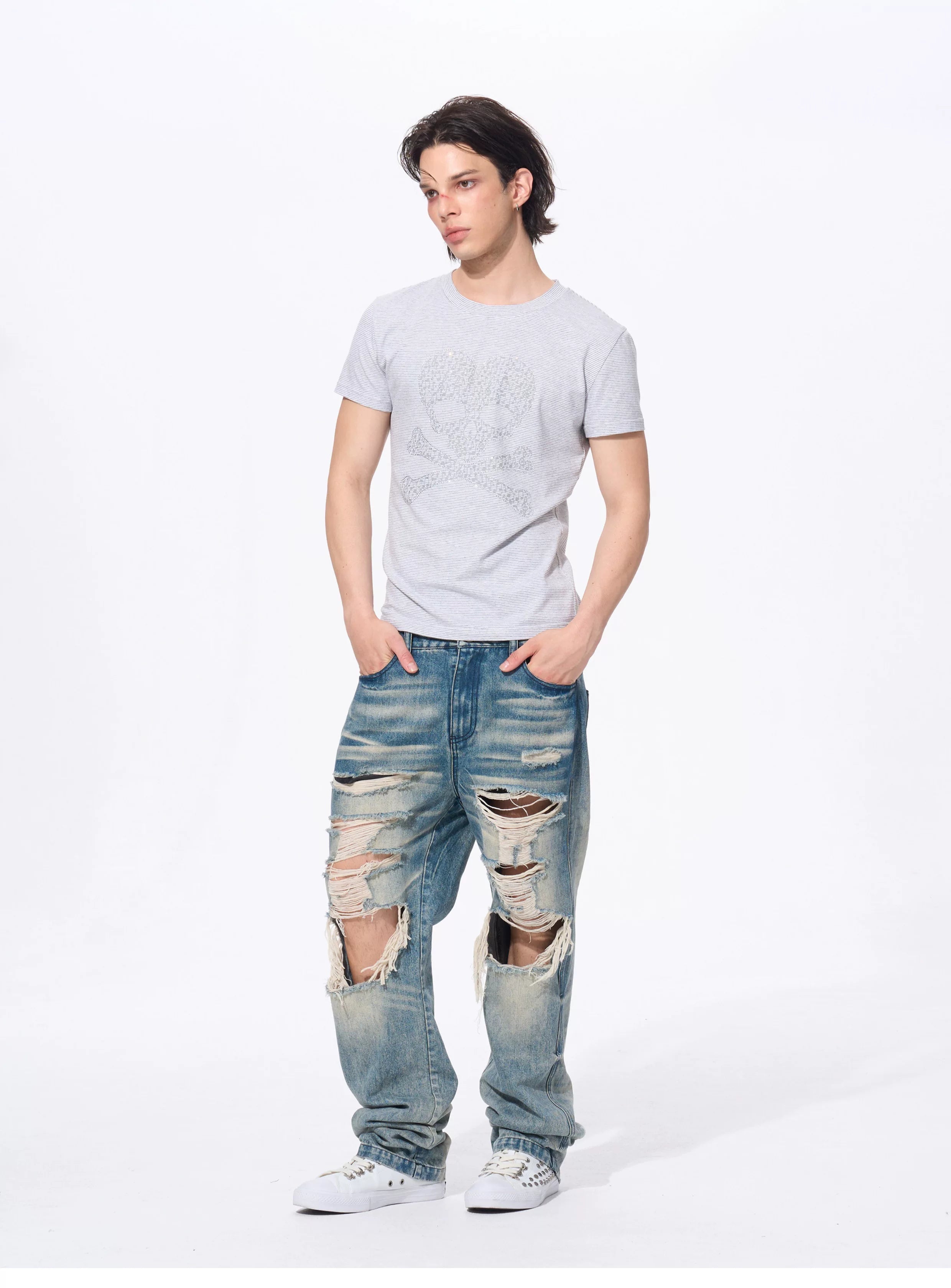 Men’s Rhinestone Skull Striped Tees