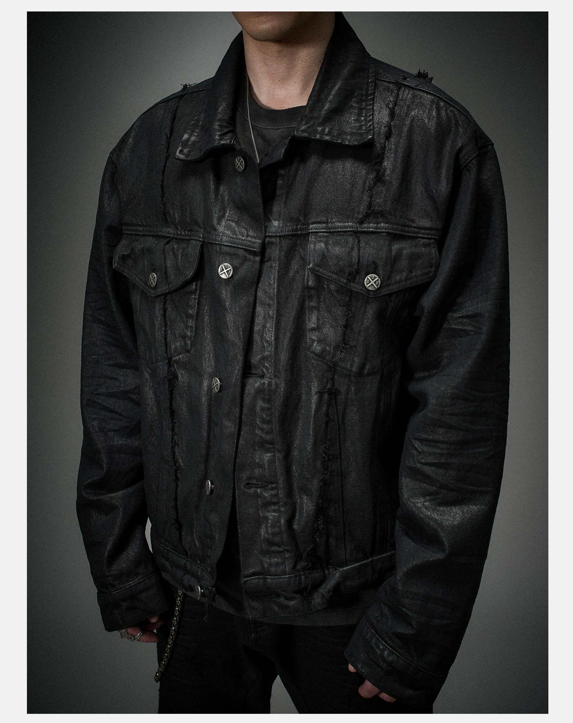 Dark Distressed Patchwork Relaxed Denim Jacket