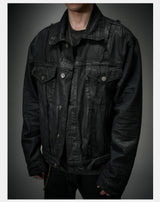 Dark Distressed Patchwork Relaxed Denim Jacket