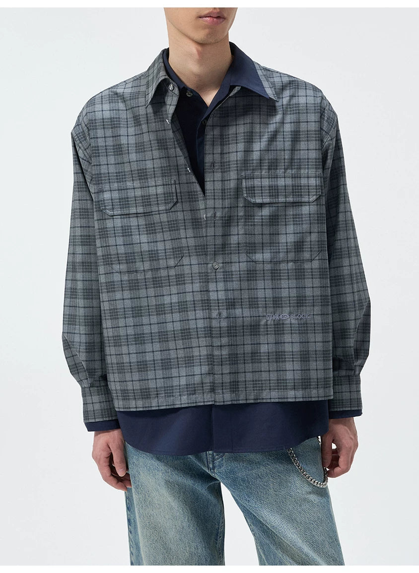 Short Color Block Plaid Cargo Shirt