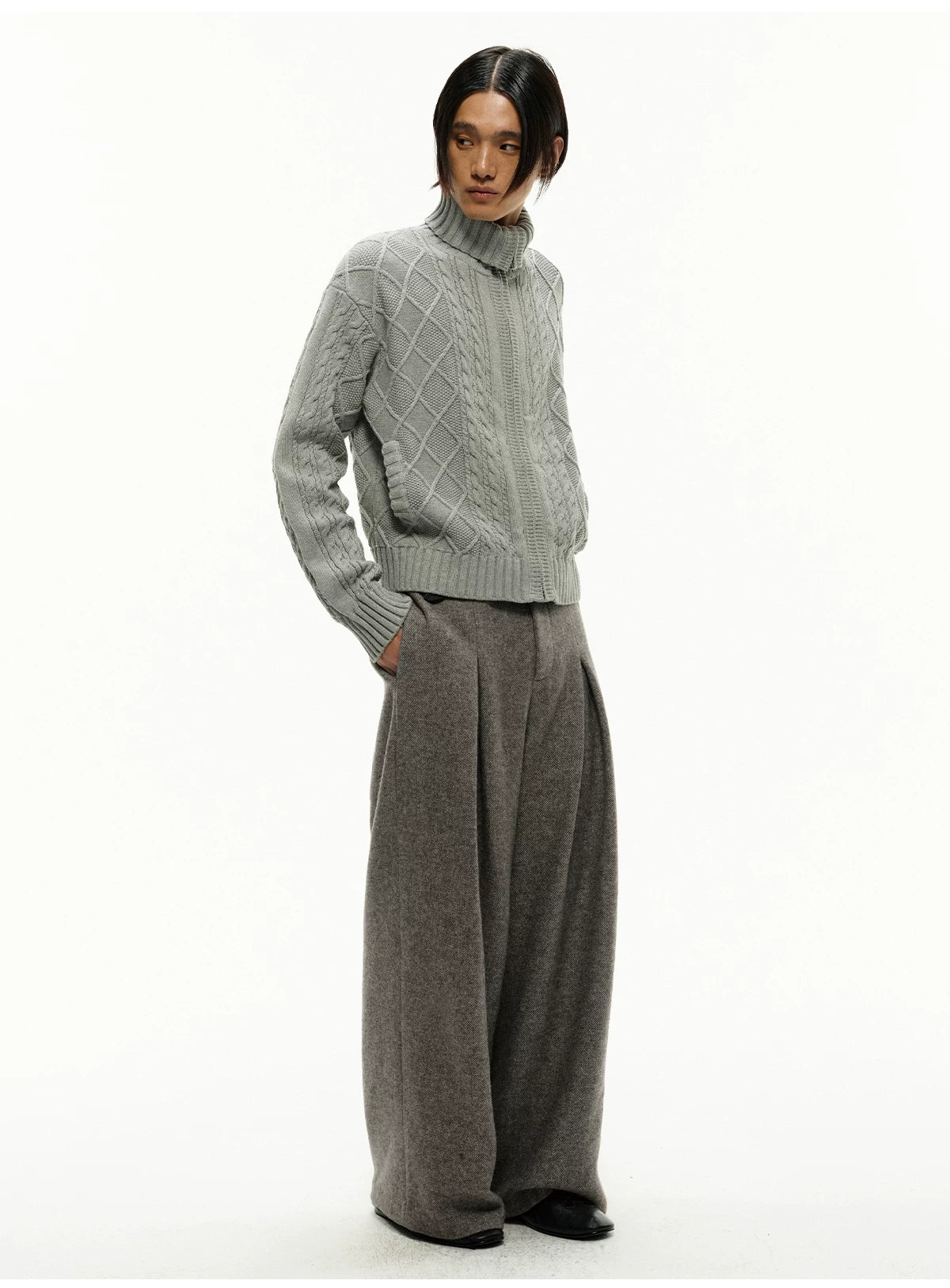 Pleated Wide Leg Wool Blend Pants