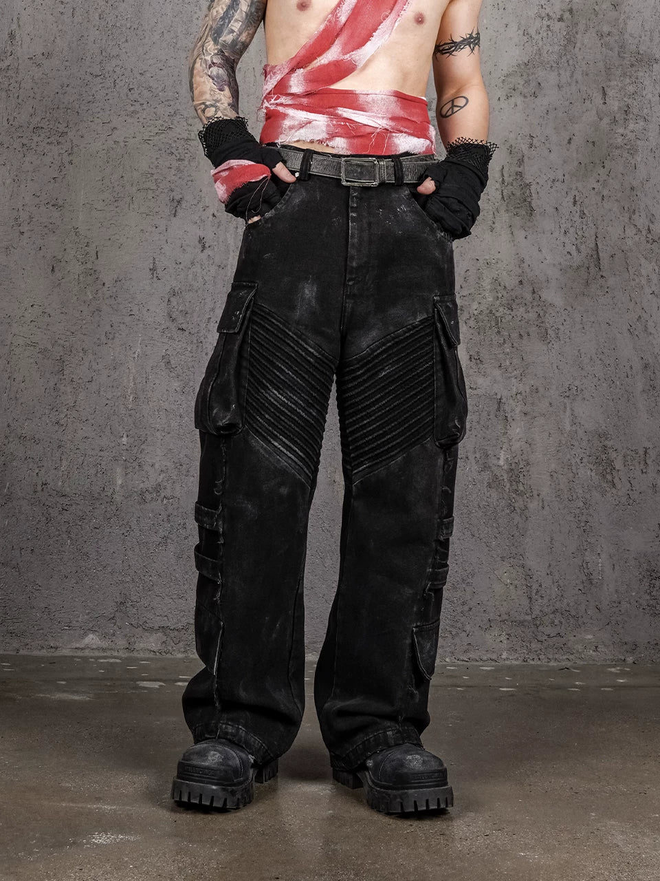 Distressed Flared Jeans With Strapped Pockets