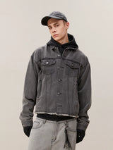 Men's Washed Frayed Collared Denim Jacket