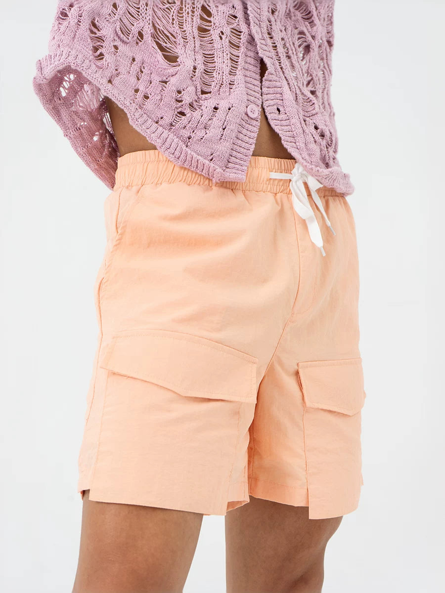 Peach Pink Multi-pocket Drawstring Beach Shorts