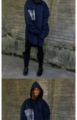 Loose Cutout Detachable Hooded Printed Shirt