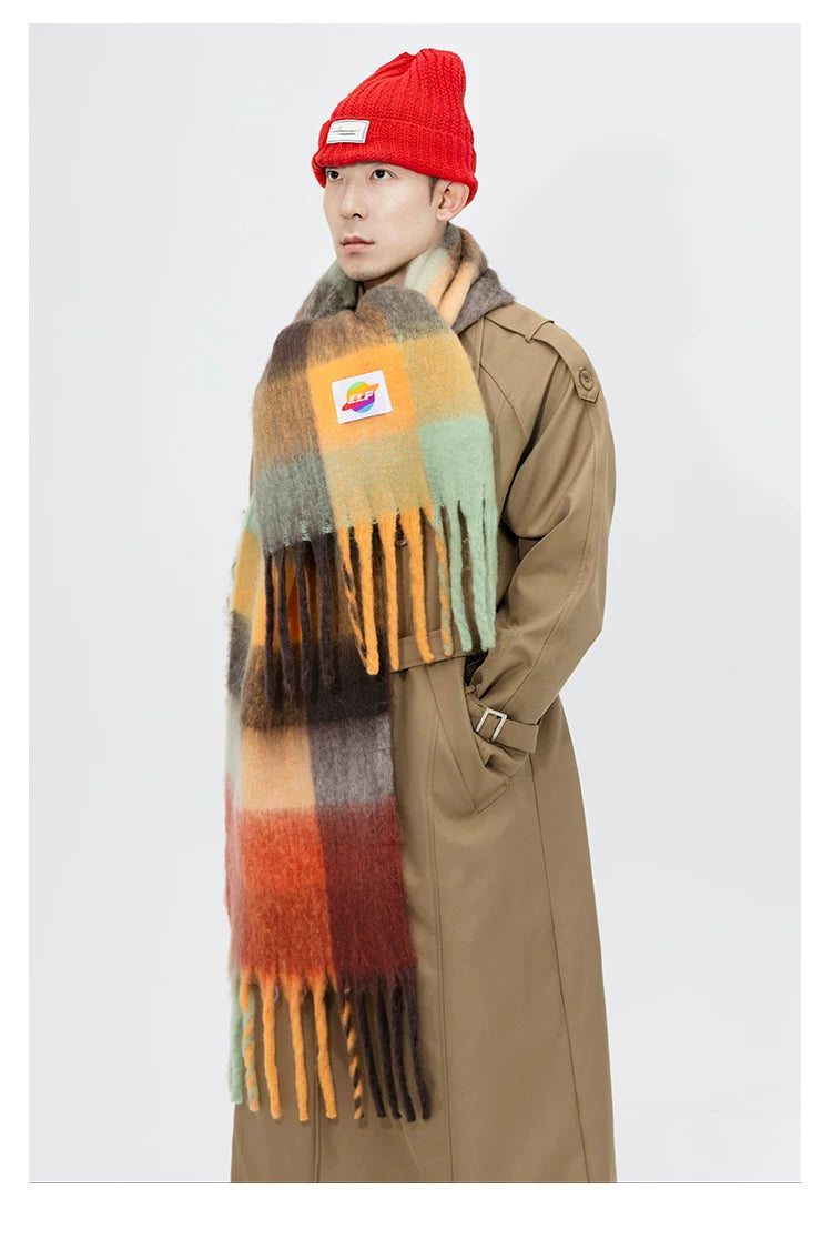 Fringed Rainbow Plaid Faux Cashmere Scarf