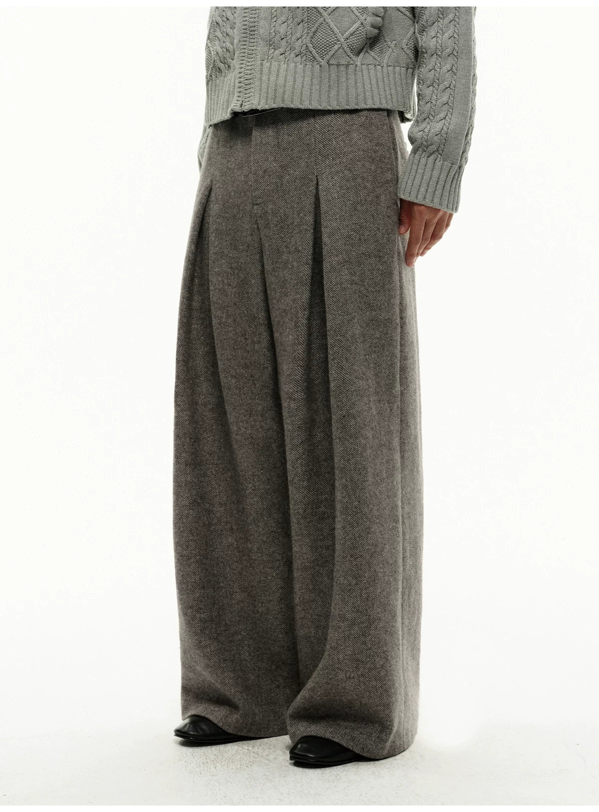 Pleated Wide Leg Wool Blend Pants