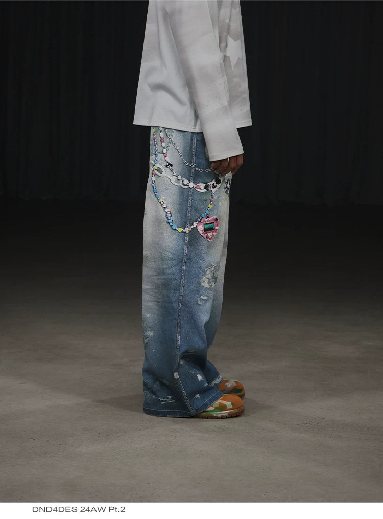 Y2K Cartoon-Printed Chain Wide-Leg Jeans