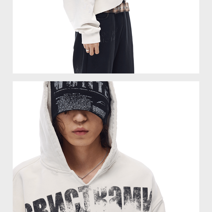 Tri-color Washed Distressed Embroidered V-neck Hoodie