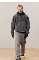 Men's Washed Frayed Collared Denim Jacket
