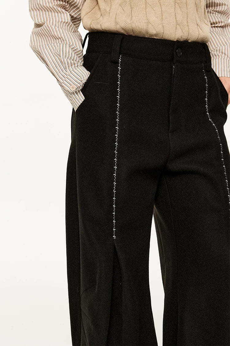 Men's Embroidered Curved Pleated Woolen Pants