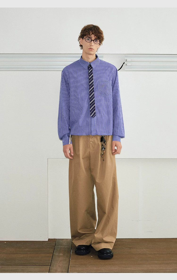 Plaid Tie Patchwork Long Sleeve Shirt