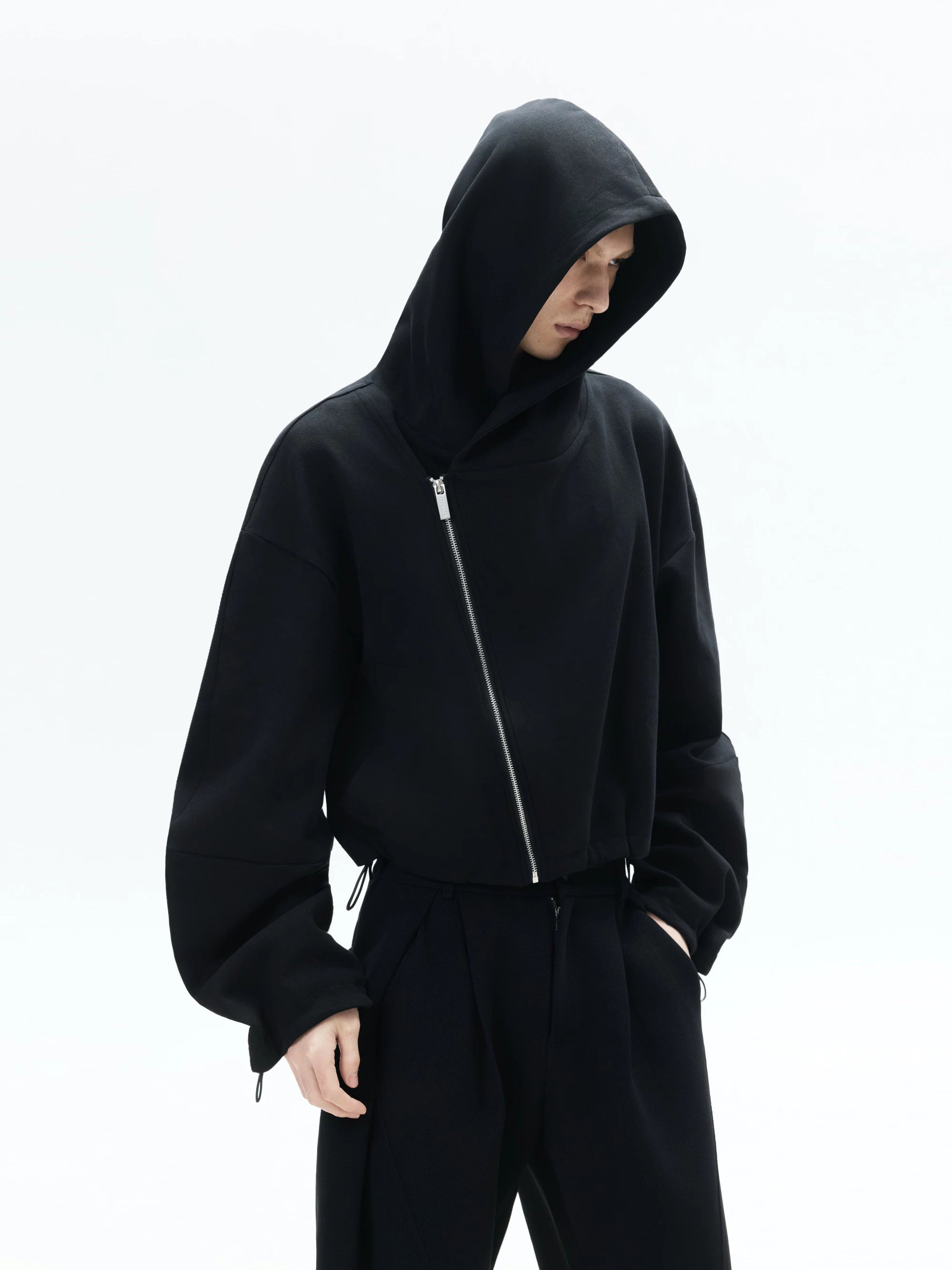 Curved Sleeves Zip Hooded Cardigan