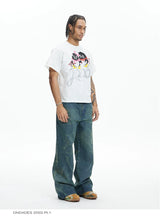 Vintage Washed Distressed Slub Flare Jeans