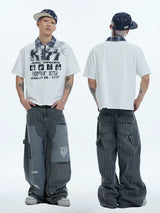 Distressed Striped Patchwork Baggy Work Pants