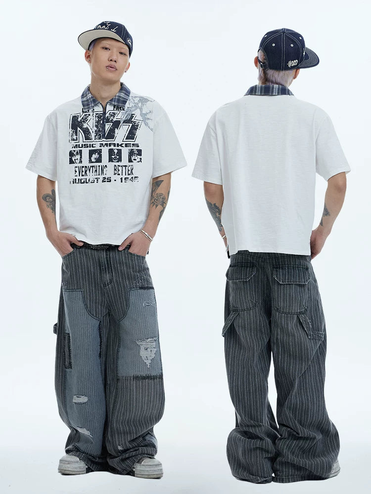 Distressed Striped Patchwork Baggy Work Pants