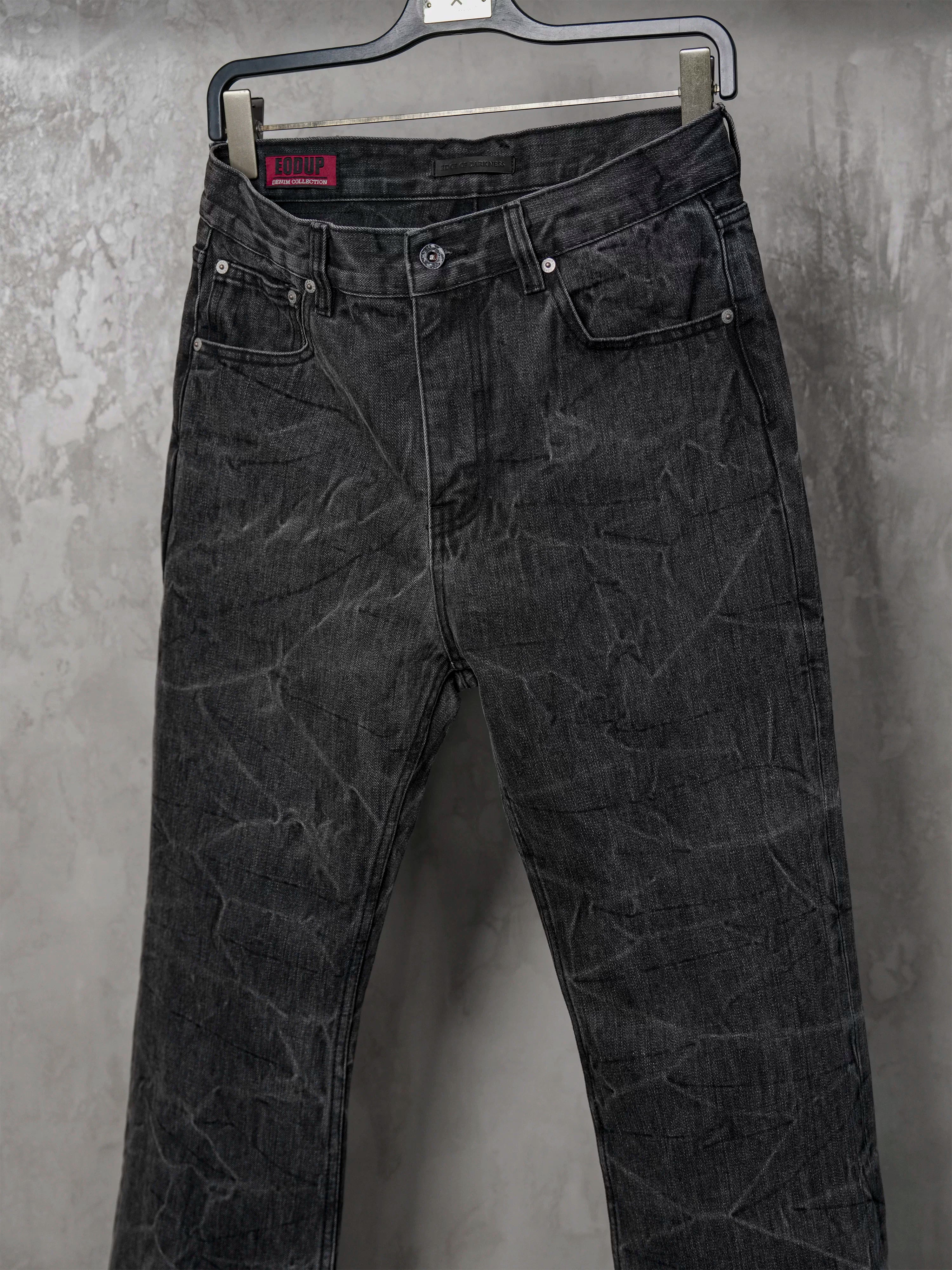 Distressed Washed Black Slub Straight Jeans