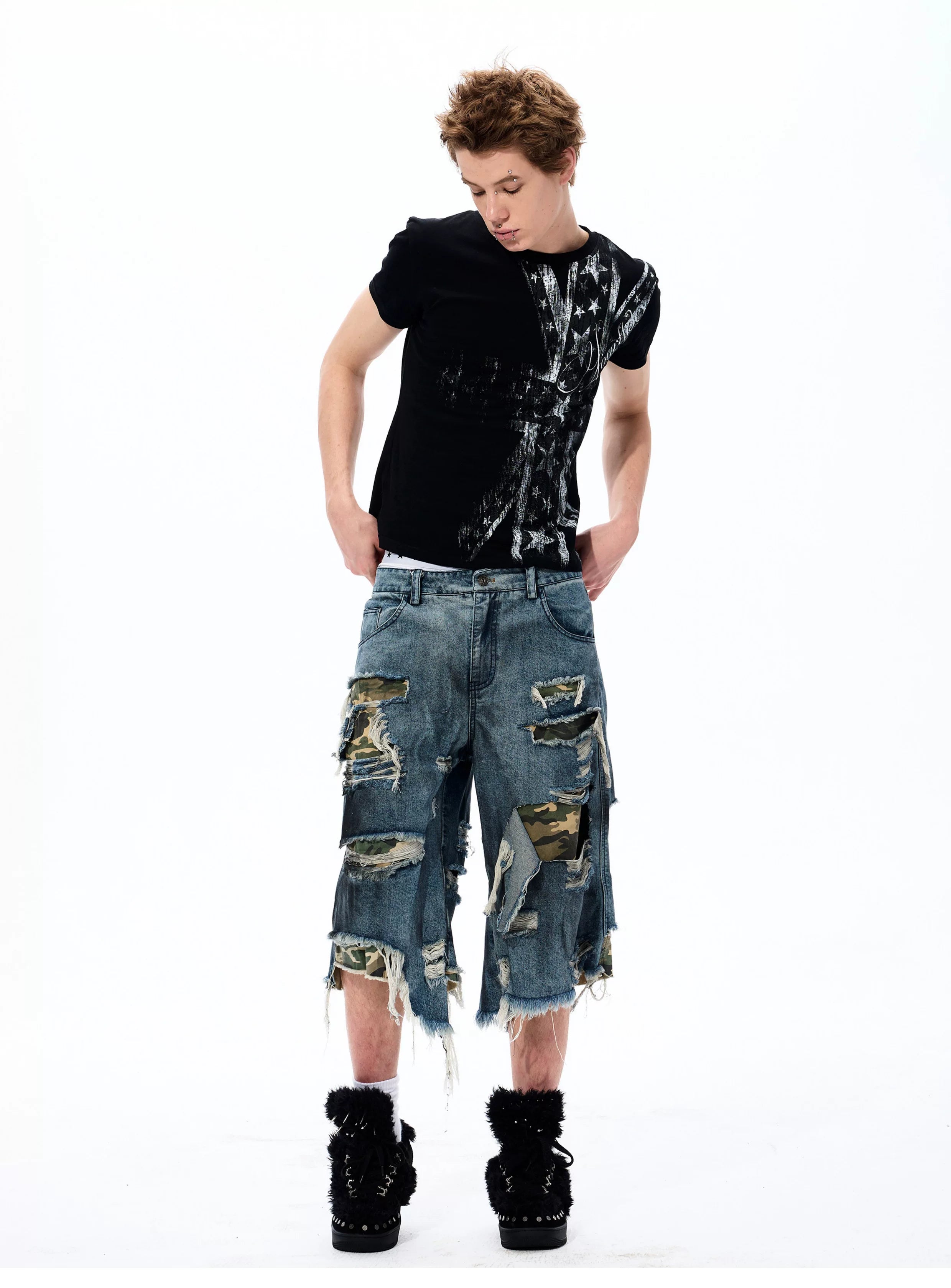Street Style Splatter Ripped Cropped Pants