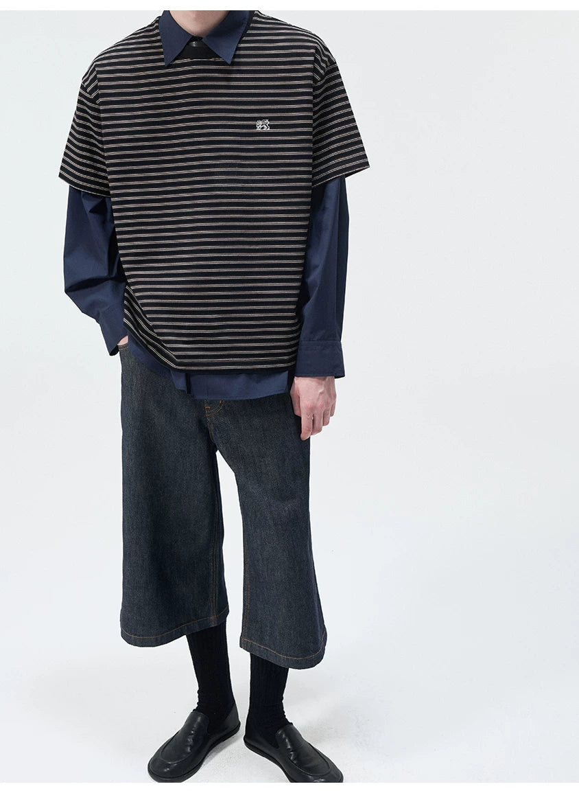 Short Sleeve Striped Embroidered Cotton Tee