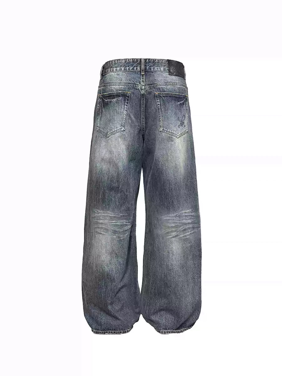 Blue Gray Washed Straight Loose Jeans