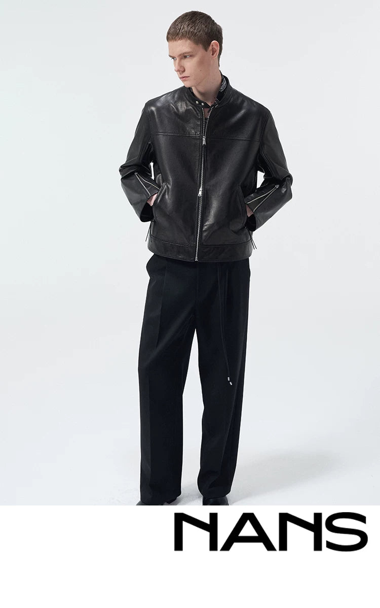 Short Stand Collar Cowhide Leather Jacket