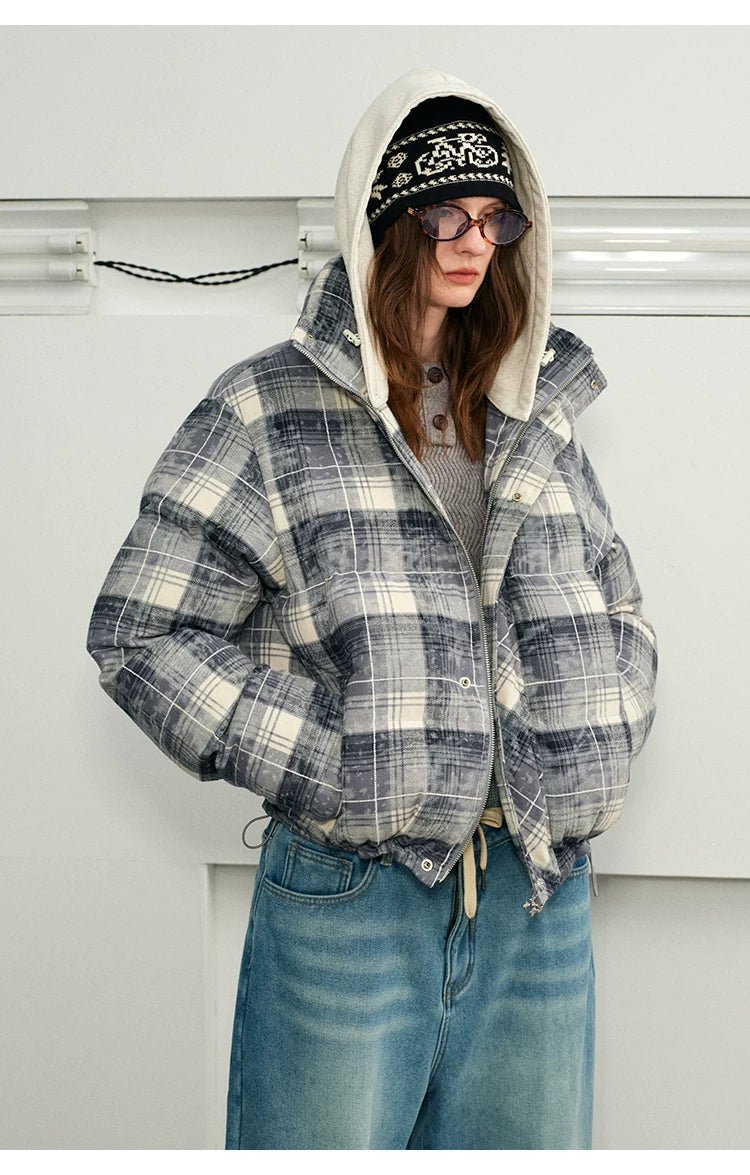 Detachable Hooded Plaid Puffer Coat