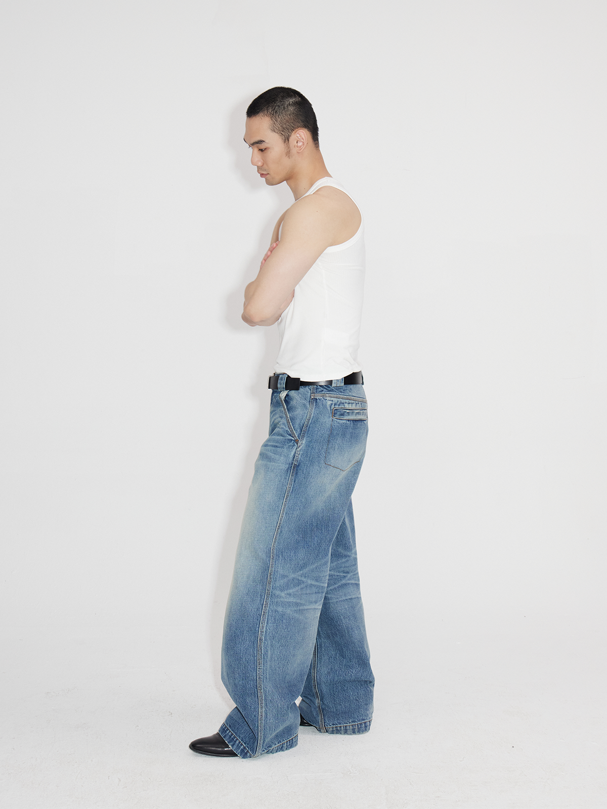 Heavyweight Natural Wash Asymmetrical Cargo Jeans