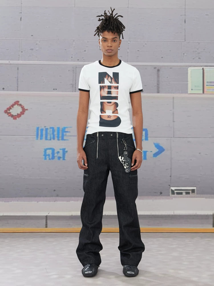 Double Zip Leather Patch Flared Jeans
