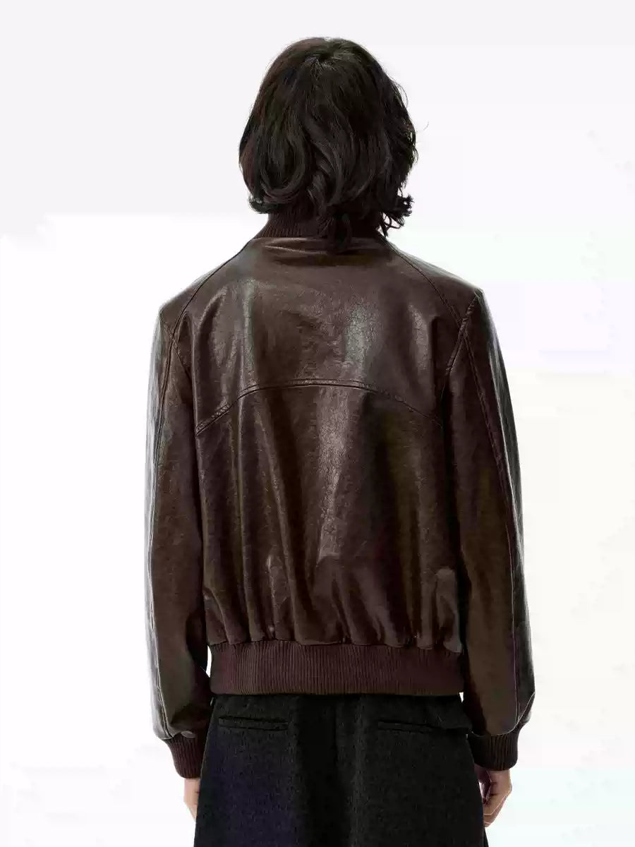 Cropped Double Zipper Waxed Leather Jacket