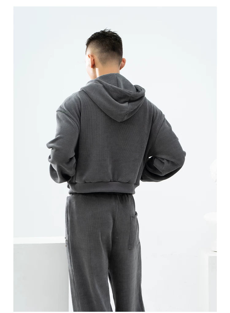 Gray Khaki Corduroy Embroidered Striped Zip-Hoodie