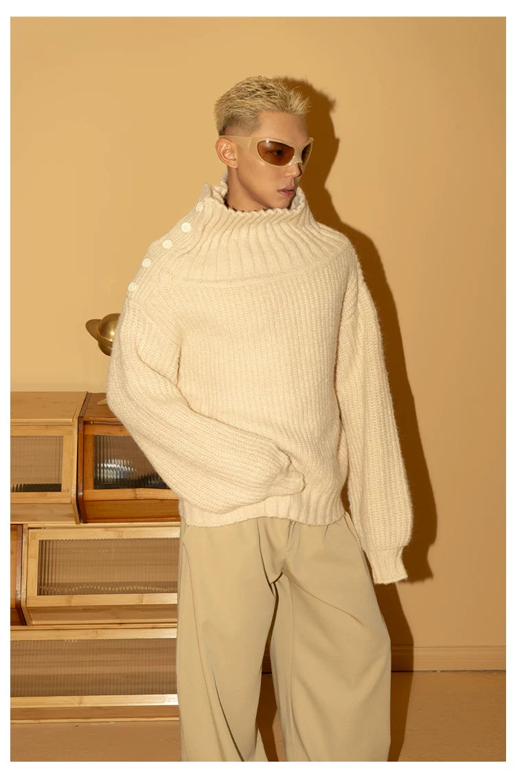 Men's Apricot Wool Side-buttoned Turtleneck Sweater