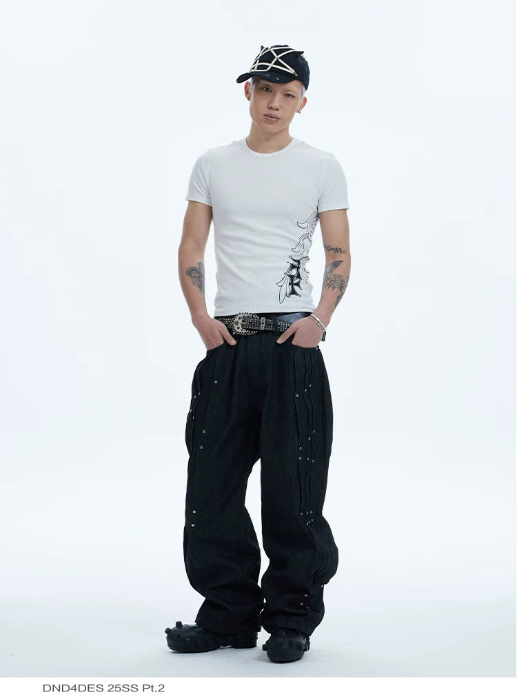 Asymmetric Pleated Studded Raw Denim Jeans