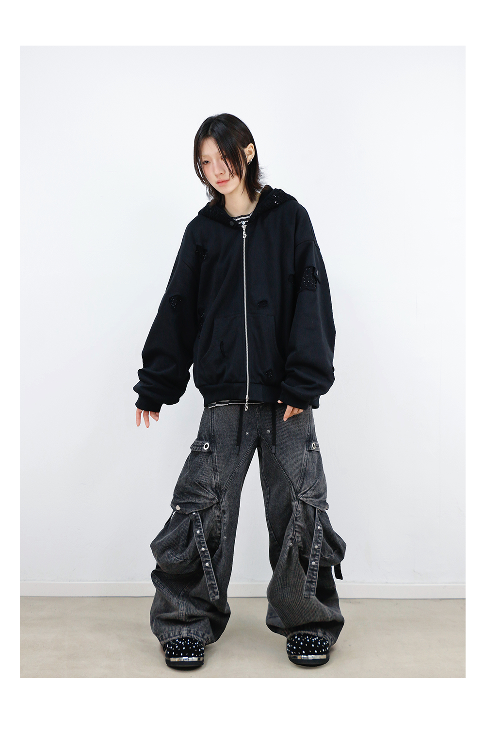 Detachable Dual Hood Rhinestone Zip Hoodie