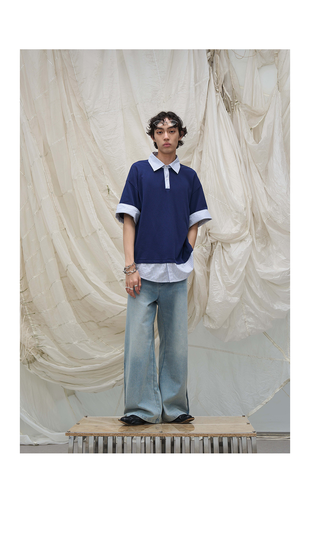 Washed Semi-Zip Relaxed Straight Leather-Patch Jeans