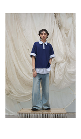 Washed Semi-Zip Relaxed Straight Leather-Patch Jeans