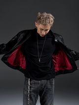 Dark Zip-Up Padded Biker Leather Jacket