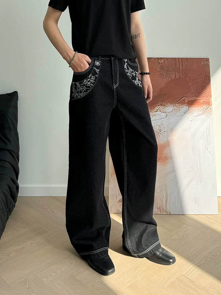 Heavyweight Floral Embroidered A-Line Denim Jeans