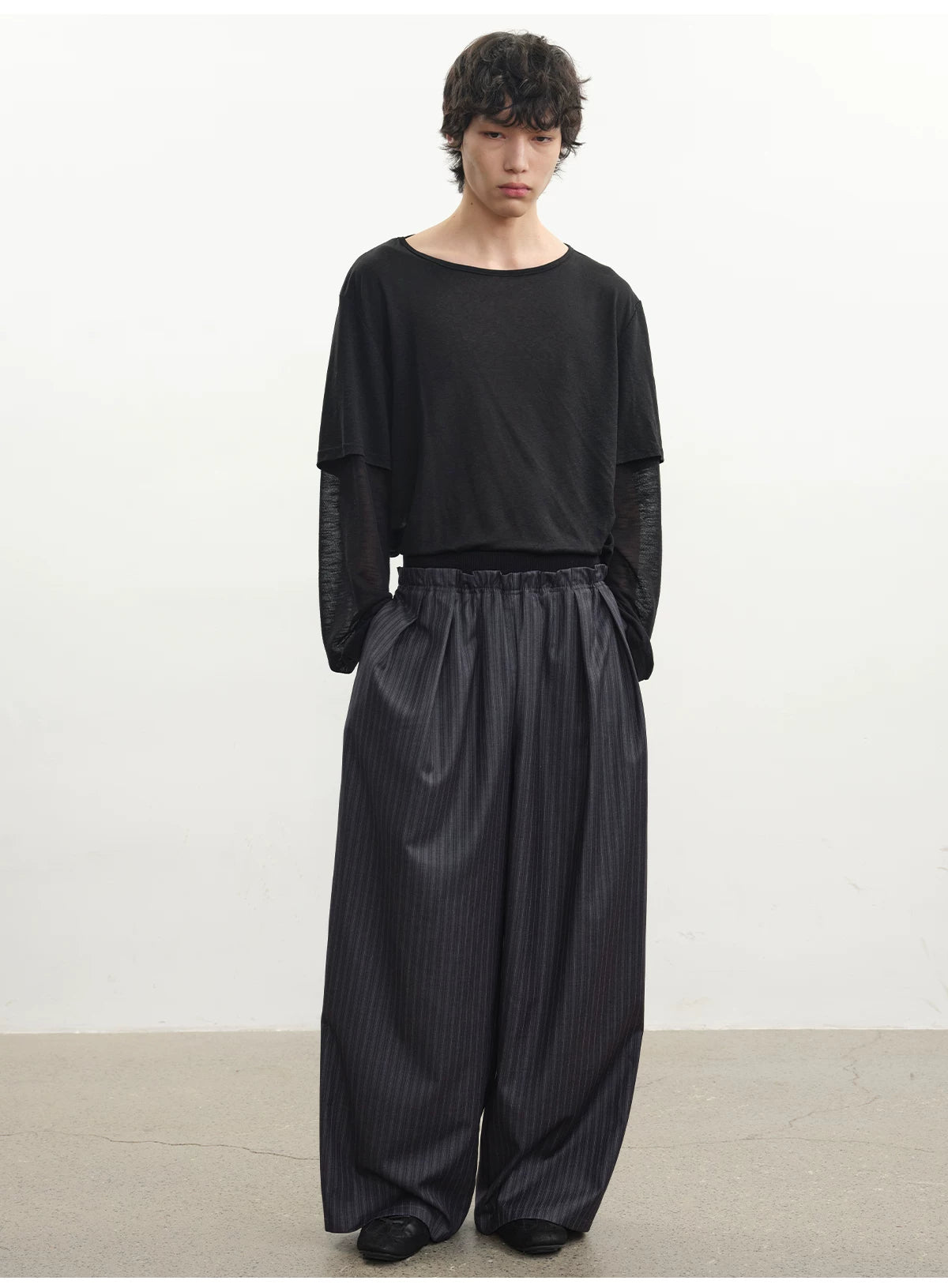 Ribbed Waist Striped Pleated Pants