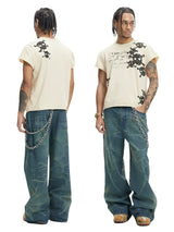 Vintage Washed Distressed Slub Flare Jeans