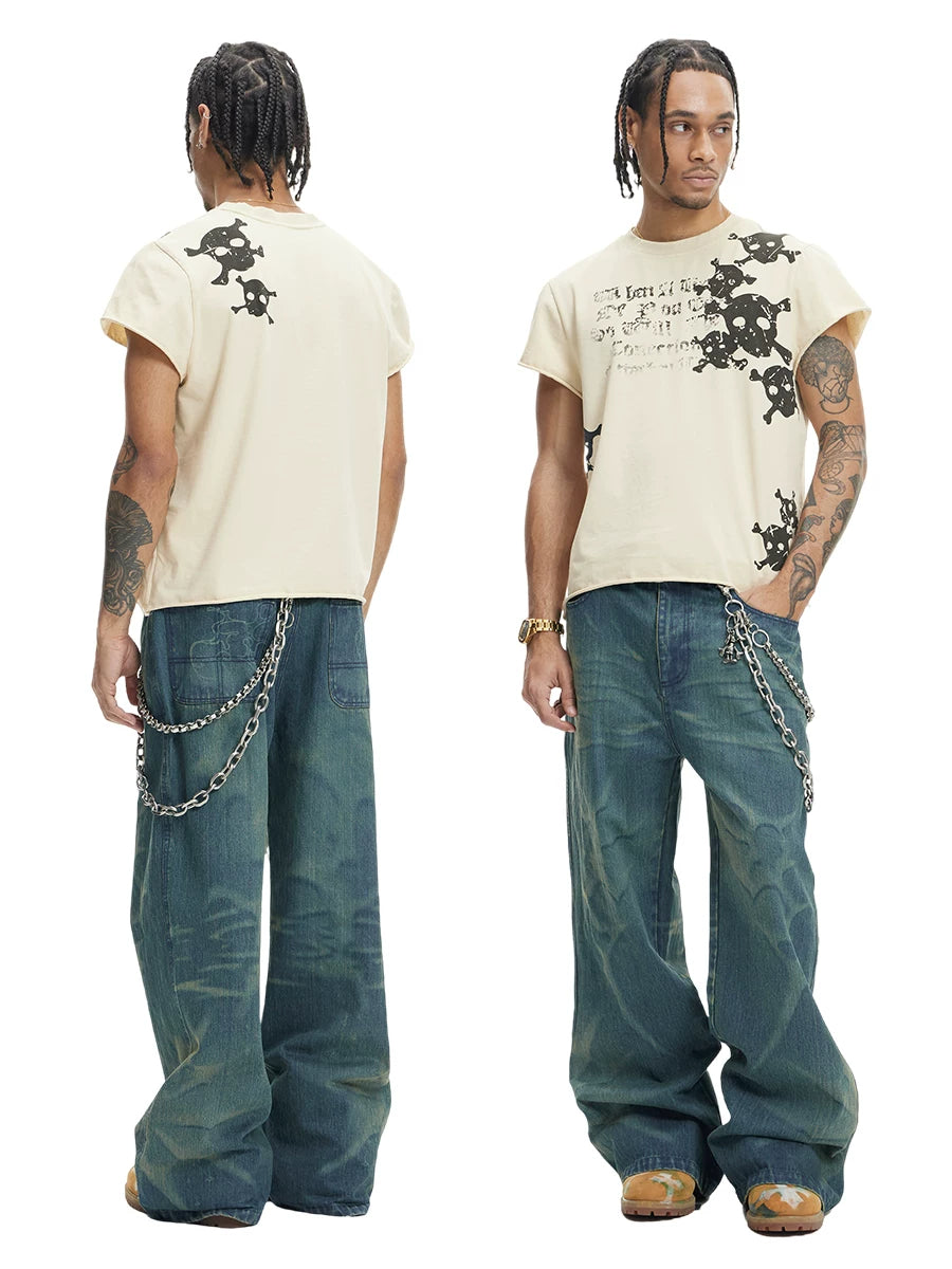 Vintage Washed Distressed Slub Flare Jeans