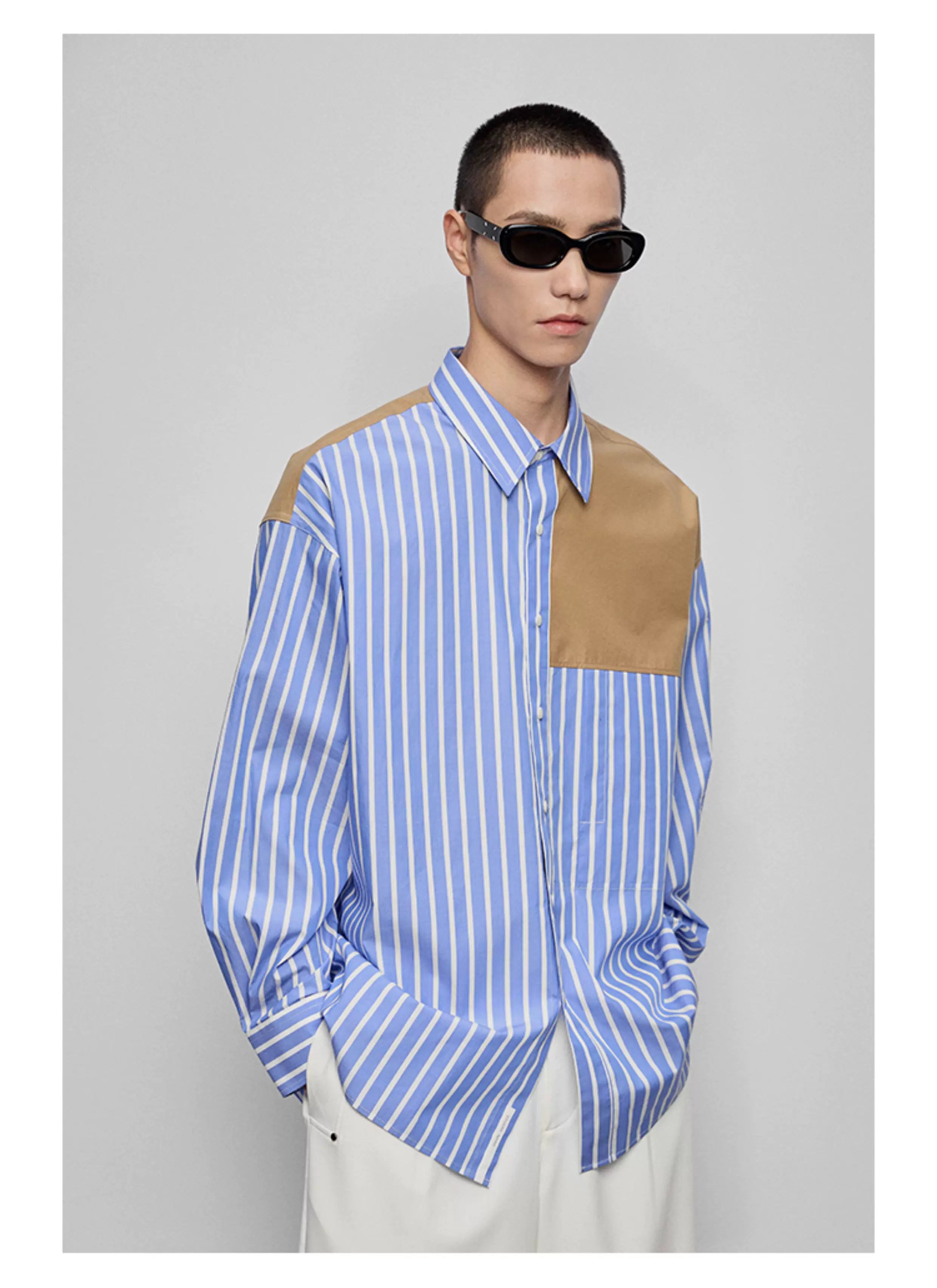 Color-block Striped Cotton Pocket Shirt