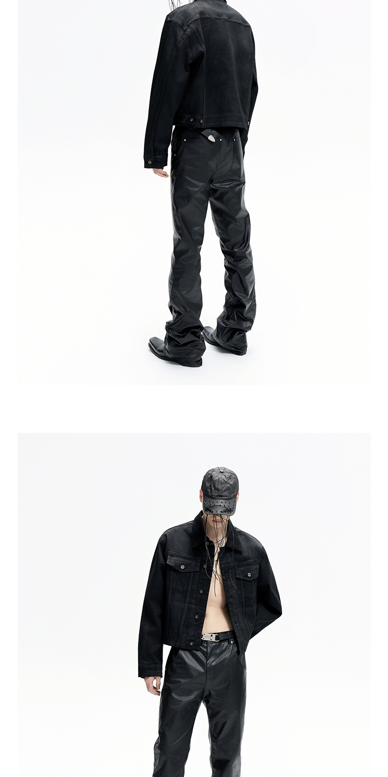 Dark Stacked Waxed Straight Skinny Pants
