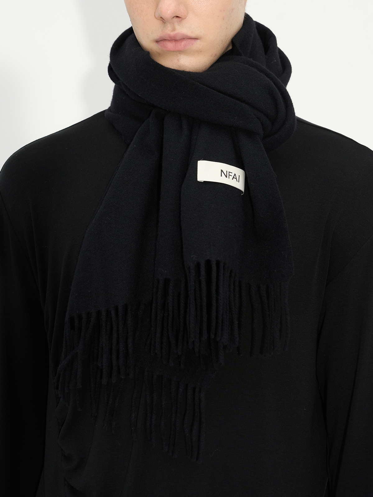Soft Black Grey Fringed Wool Scarf