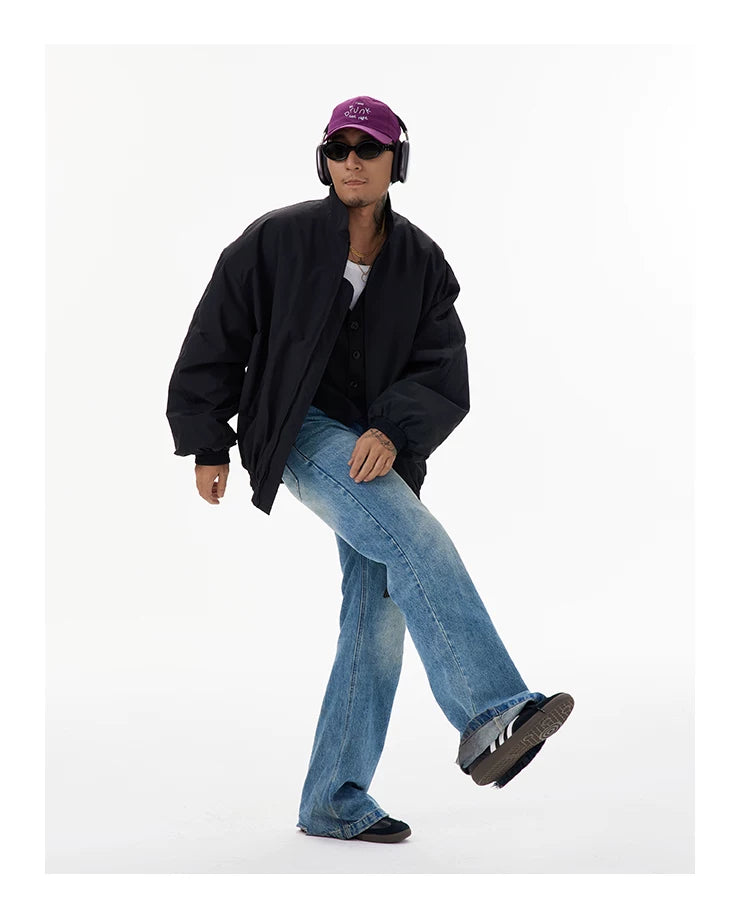 Unisex Black Stand Collar Padded Jacket