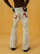 Men's Vintage White Sickle-Print Flare Jeans