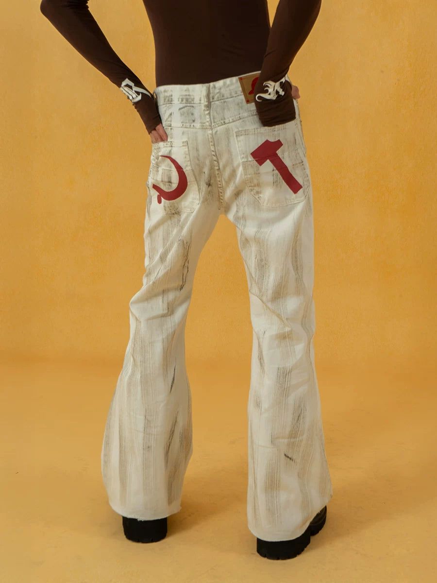 Men's Vintage White Sickle-Print Flare Jeans